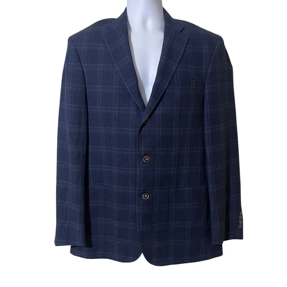 Jos. A. Bank 1905 Mens 41 Long Navy Blue Linen‎ Cotton Plaid Blazer Tailored Fit